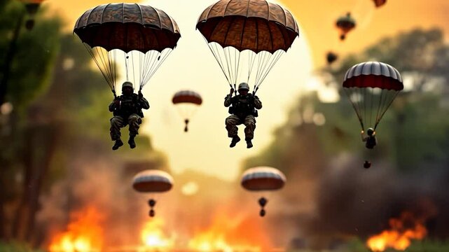 Aerial action scene features troops parachuting with brown parachutes against a backdrop of a fire. A dynamic image showcases multiple figures against a landscape with vibrant oranges and greens