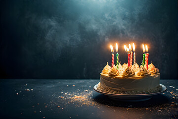 birthday cake with candles and dramatic background