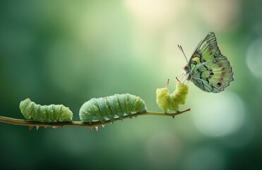 Green caterpillars inch along a twig, one transforming into a vibrant butterfly.