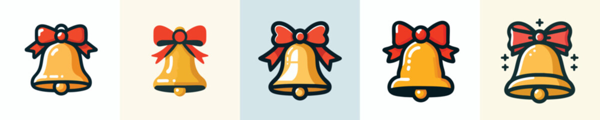 Golden Christmas Bell Vector Set – Holiday Jingle Bell Icons with Red Bow