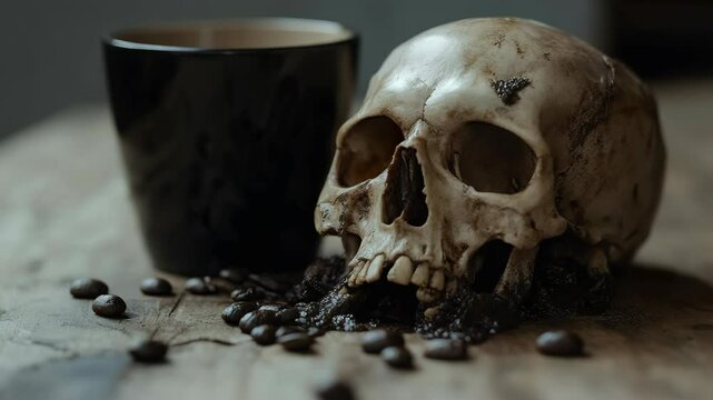Deathly Brew - Haunting Cinematic Skull and Coffee Scene