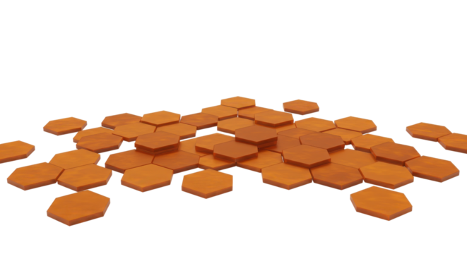 Scattered Brown Hexagon Chips 3D Render Isolated Surface isolated on Transparent Background - Powered by Adobe