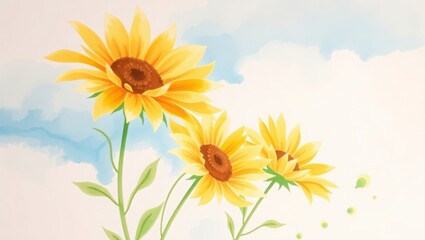A charming sunflower illustration with vivid yellows and greens set against a soft blue sky, perfect for adding a touch of nature to any creative project or springtime design.