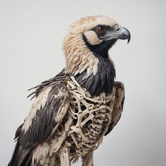 Bearded vulture skeleton art with feather overlay, white background



