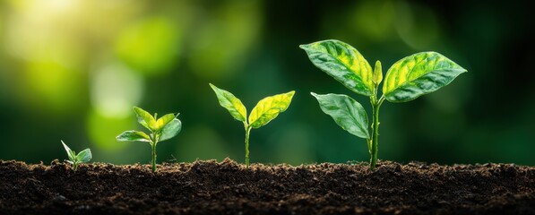 Young plants in various growth stages thrive in rich soil, bathed in sunlight, symbolizing growth, progress, and the power of nature.