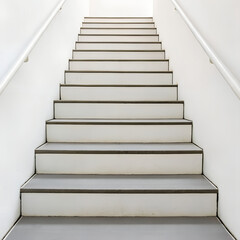 A staircase with white steps and gray edges, white walls and a metal handrail on both sides, leading upwards