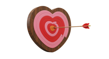 Heart shaped archery target with arrow in bullseye on white background