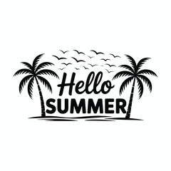 Black and white hello summer text design with palm trees and flying birds for vacation