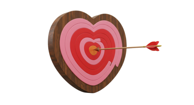 Wooden Heart Target Hit Dead Center by Golden Cupid Arrow isolated on Transparent Background