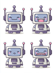 A fun vector icon set features cartoon robots and androids on computers, monitors, laptops, and mobile screens, perfect for tech, web, and business design