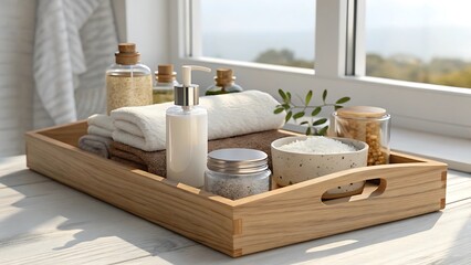 Spa Day Essentials A Wooden Tray with Towels Oils and Bath Salts