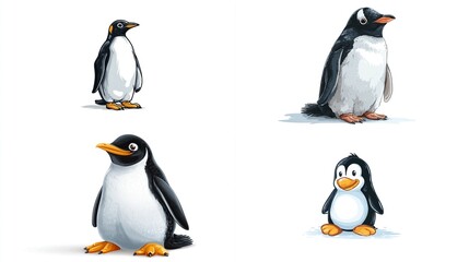 Obraz premium Penguins depicted with black and white plumage and orange beaks on white background