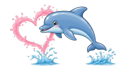 Cartoon dolphin jumping out of the water with a heart shaped splash isolated PNG with Transparent Background