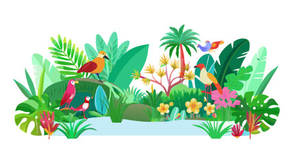 Tropical jungle illustration with exotic birds and plants vector design background for nature lovers art