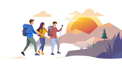 Fototapeta premium Hiking adventure with friends in nature landscape background vector illustration for travel and tourism 100