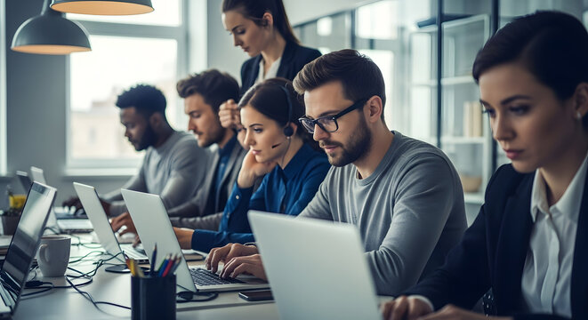 Focused diverse team working at laptops in a modern office setting.