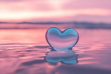 Fototapeta premium Floating pink and blue heart on tranquil ocean at sunset reflects soft pastel colors, Pink and blue heart floating on a pink ocean at sunset