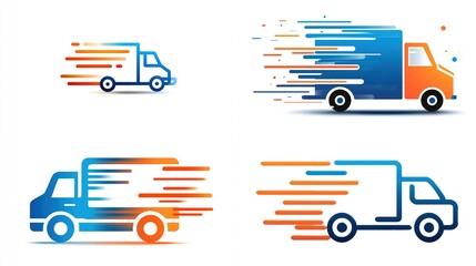 Stylized delivery truck icons with speed lines in orange and blue, express shipping