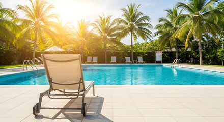 Obraz premium Tropical Swimming Pool Scene with Empty Lounge Chair – Luxury Summer Vibes with Copy Space
