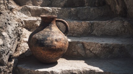 Ancient Clay Jug on Stone Steps