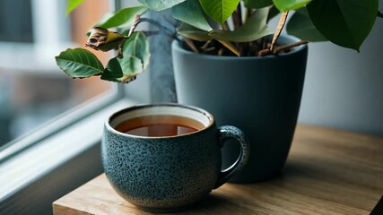 Close-up of a steaming blue mug filled with tea on a wooden table next to a potted plant. Light streams in from a nearby window, creating a cozy and inviting atmosphere for a relaxing beverage - Powered by Adobe