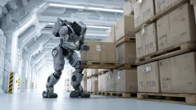 Photorealistic scene of a robotic exosuit lifting a crate in a futuristic warehouse, evoking a sense of advanced technology and industrial efficiency. Inspired by sci-fi themes.