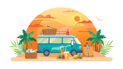 Beach vacation with van vector illustration summer travel trip with palm trees and sunset background design 100
