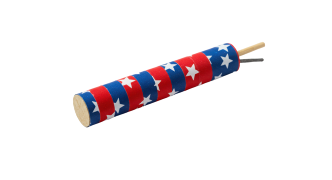 Patriotic Firework Rocket Wrapped in Red, White, and Blue Stars and Stripes Paper isolated on Transparent Background