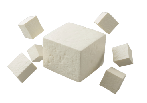 Fresh paneer cheese cubes float around a larger block, isolated on a transparent backdrop, perfect for culinary themes.
