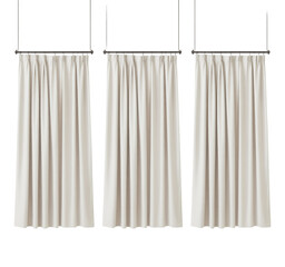 A product photography image of three identical white shower curtains hanging on black metal curtain rods against isolated on a transparent background.