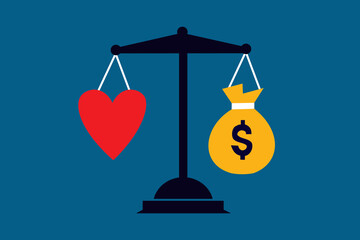 Vector illustration of a scale with a heart and a money bag representing the balance between emotions and financial priorities.