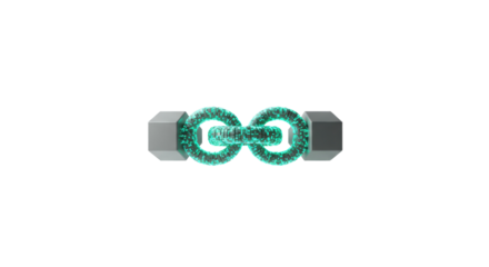 Abstract green digital blockchain chain link between two metal blocks isolated