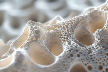 Closeup of spongy bone tissue demonstrating unique texture and structure in biological sample, Close Up shot of spongy bone tissue growing, 3d