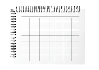 Blank calendar page with spiral binding for scheduling or organization Isolated on a transparent background