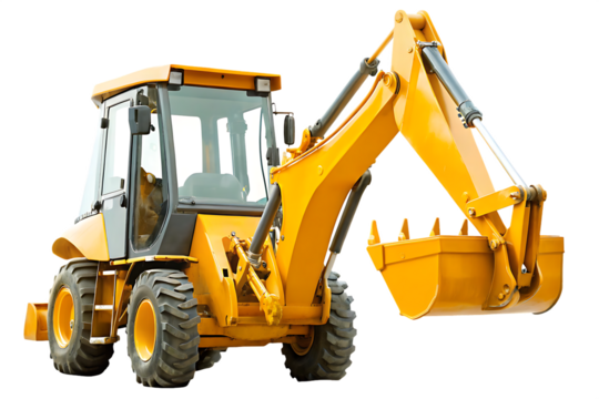 Yellow backhoe loader heavy equipment isolated on a transparent background excavator
