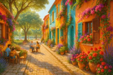 Fototapeta premium People enjoying summer vacation in charming Italian village with colorful houses and flowers
