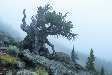 Fototapeta premium Misty atmosphere envelops gnarled old tree on rocky slope at dawn, Mist Moving Over Gnarled Old Tree