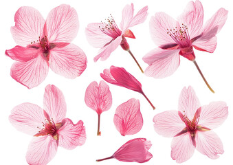 Set of soft pink cherry blossom flowers for spring-themed design Isolated on a transparent background