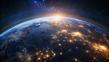 Fototapeta premium Stunning view of earth at night from space, showing city lights and the milky way