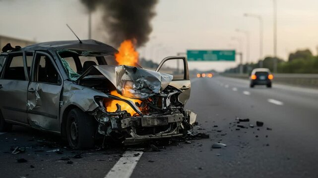 Burning car wreck abandoned on an empty highway after a severe accident in the evening, with smoke rising from the engine, footage.
