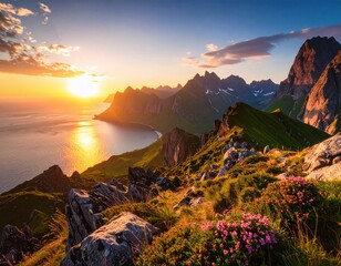 Breathtaking Mountain Sunset Over Serene Coastal Landscape in Nature