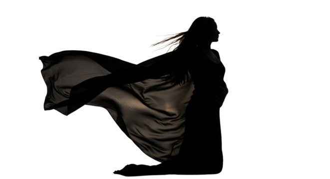 Cinematic Silhouette of Woman Draped in Long Black Flowing Fabric isolated on Transparent Background