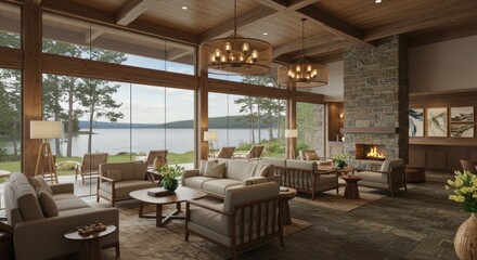 Interior view of a luxurious living room with lake view and fireplace in a modern home design