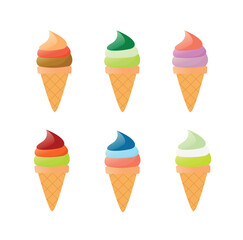 Colorful Ice Cream Cone Set Flat Cartoon Vector