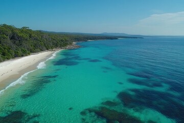 Turquoise waters and pristine sands of a remote beach captured from above in Australia, Turquoise paradise beach from the air drone australia Hyams beach