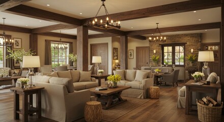 Interior view of a spacious living room with sofas lamps and wooden beams in a rustic style setting