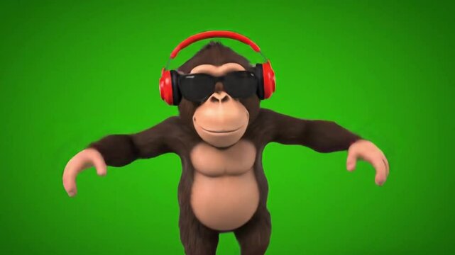 Funky monkey with sunglasses and headphones dances on green screen, a great animated character for playful creative projects.