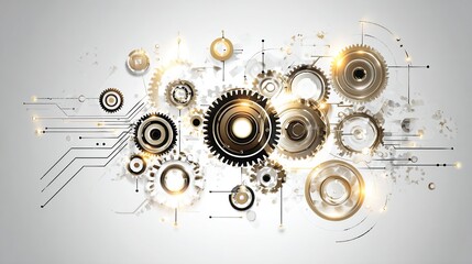 Abstract technological design with interconnected gears, circuit lines, and glowing accents on a light gray background