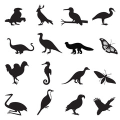  Bird, Dinosaur, Butterfly, and Animal Silhouette Vector Set