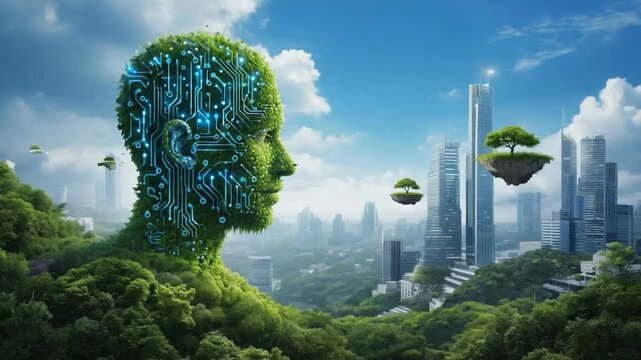 Green AI Cityscape: A surreal vision of a future where nature and technology coexist harmoniously.